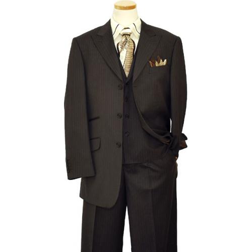 Bertolini Brown With Taupe / Grey Pinstripes Wool & Silk Blend Vested Suit 74055